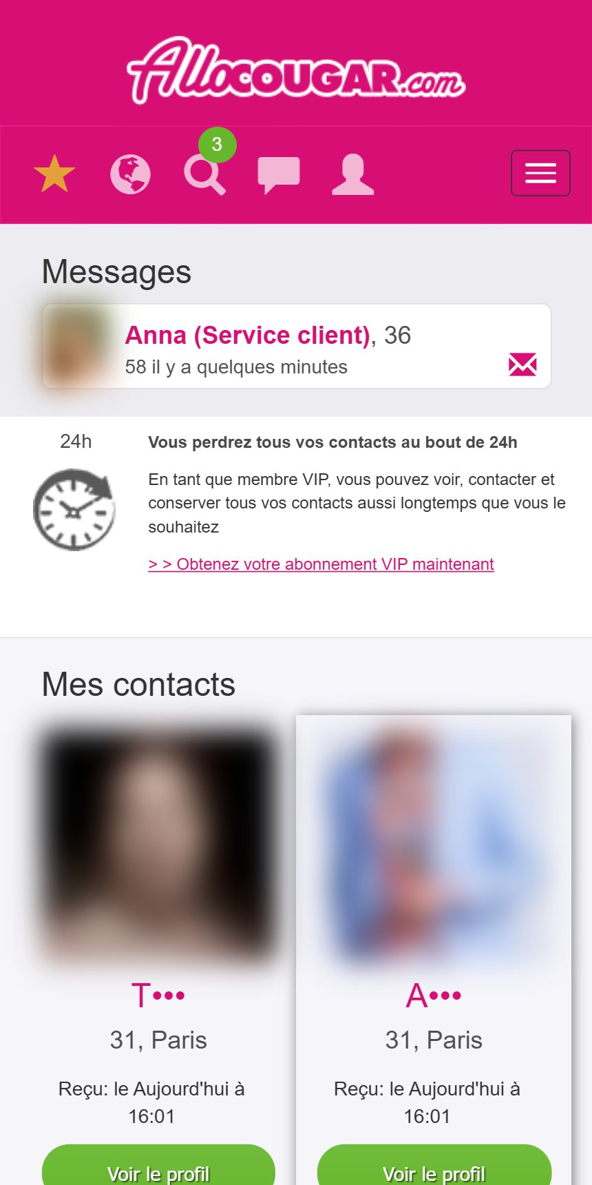 L'accueil membre d'Allo Cougar : contacts reçus et compte à rebours de 24 h