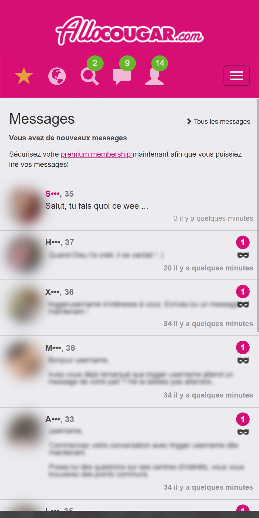 Les messages reçus côté homme sur Allo Cougar, illisibles sans VIP
