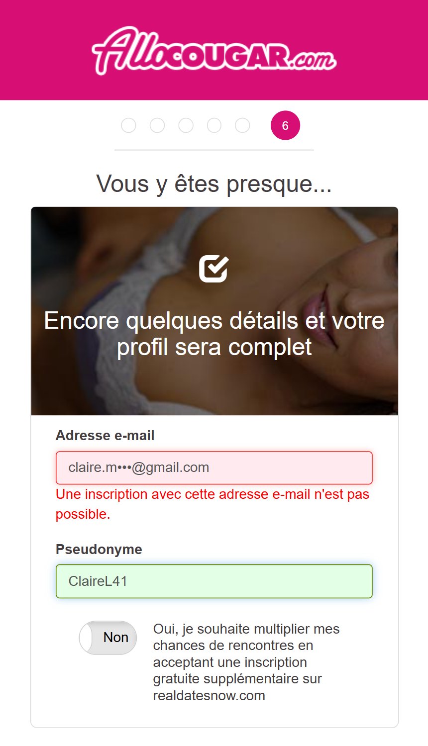 Inscription Allo Cougar - Étape 6 : Ton e-mail et ton pseudo