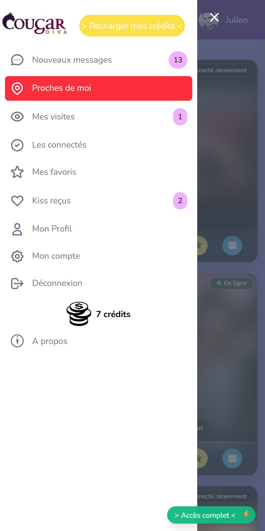 Le menu et les crédits Cougar Diva