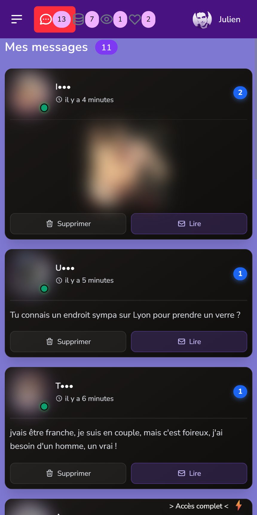 Les messages reçus en dix minutes sur Cougar Diva avec un profil vide