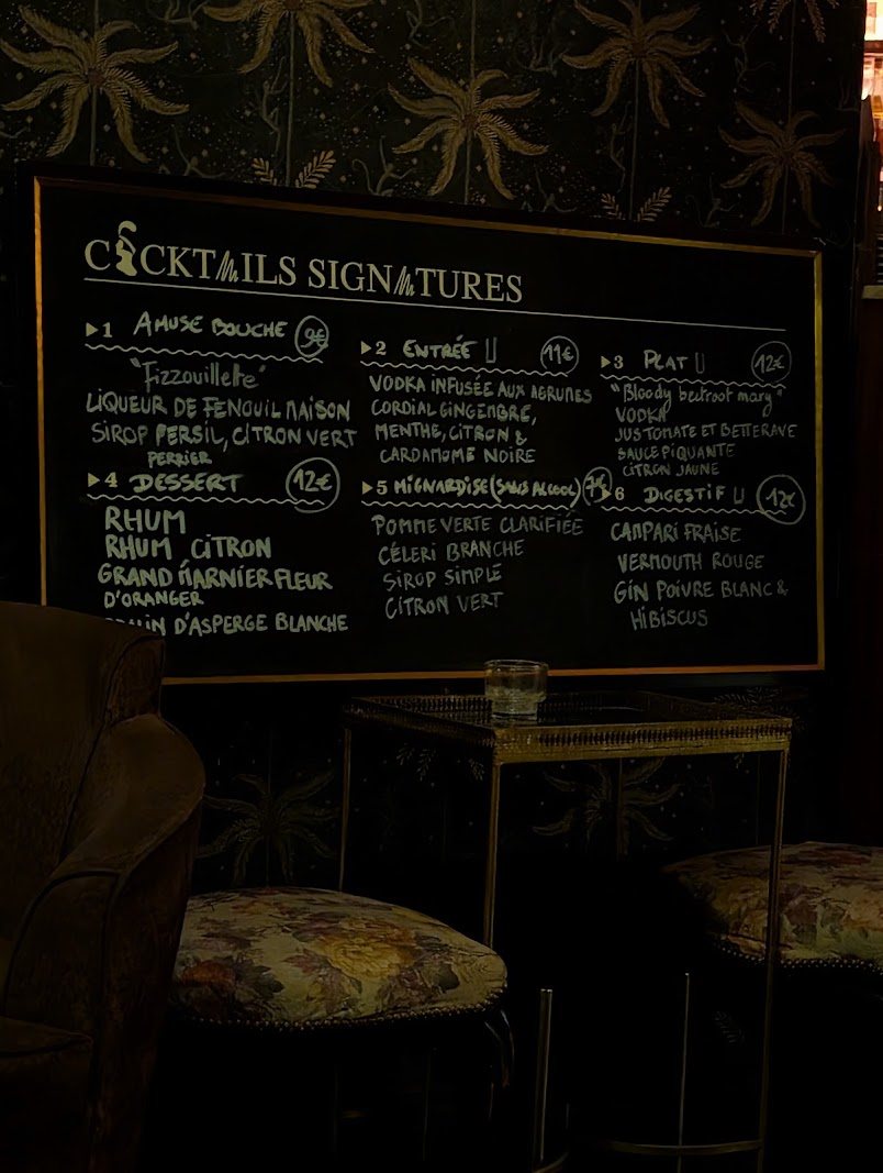 Ardoise des cocktails signatures du Fat Cat à Toulouse