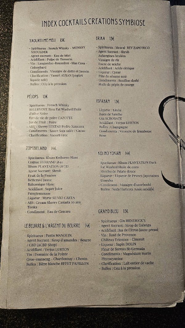 Carte des cocktails de Symbiose à Bordeaux, bar à cocktails façon speakeasy